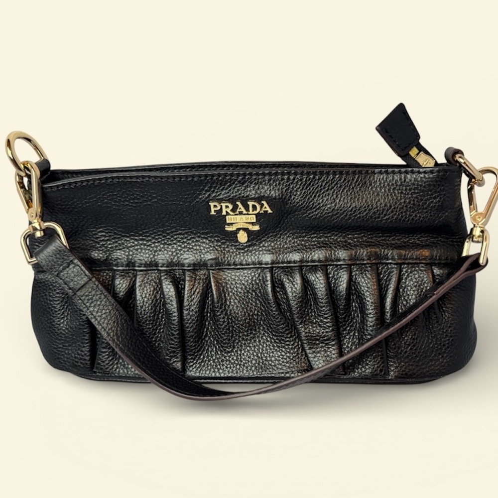 Prada Black Leather Mini Shoulder Bag with Gold Hardware